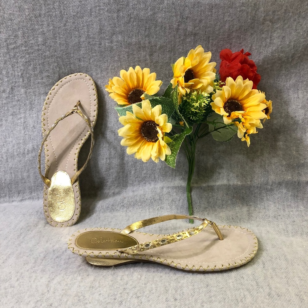 NWOT - Metallic Gold & Crystal Heeled Thong Slides